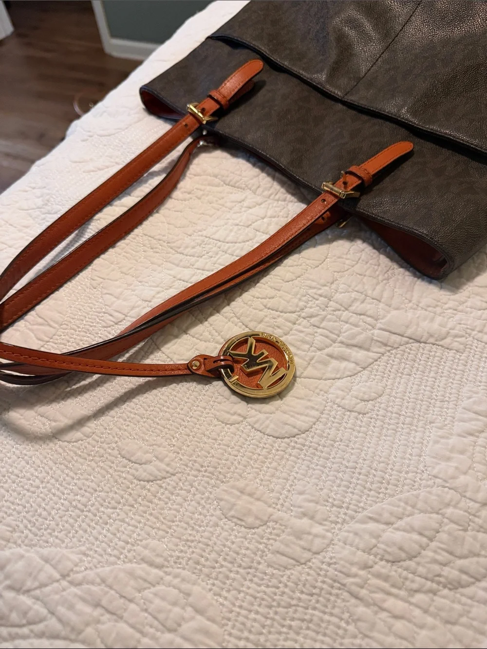 Michael Kors Brown Logo Messenger Bag with Tan Trim
